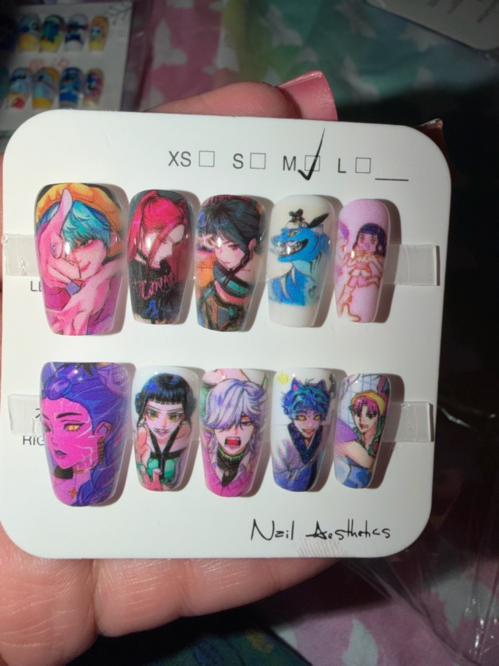 Anime Character Press-On Nail Set in Pink, Purple, Blue